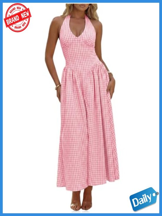 Dresses & Skirts - Wenrine Womens Halter V Neck Corset Maxi Dress Summer Plaid Smocked Tie Back